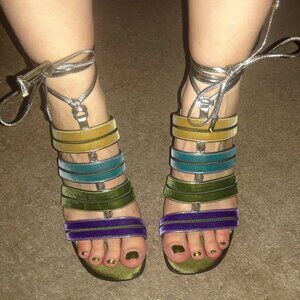 size 39 Arvid Yuki Shy Colorful Jewel Tones Velvet and Leather Block Heel Sandal